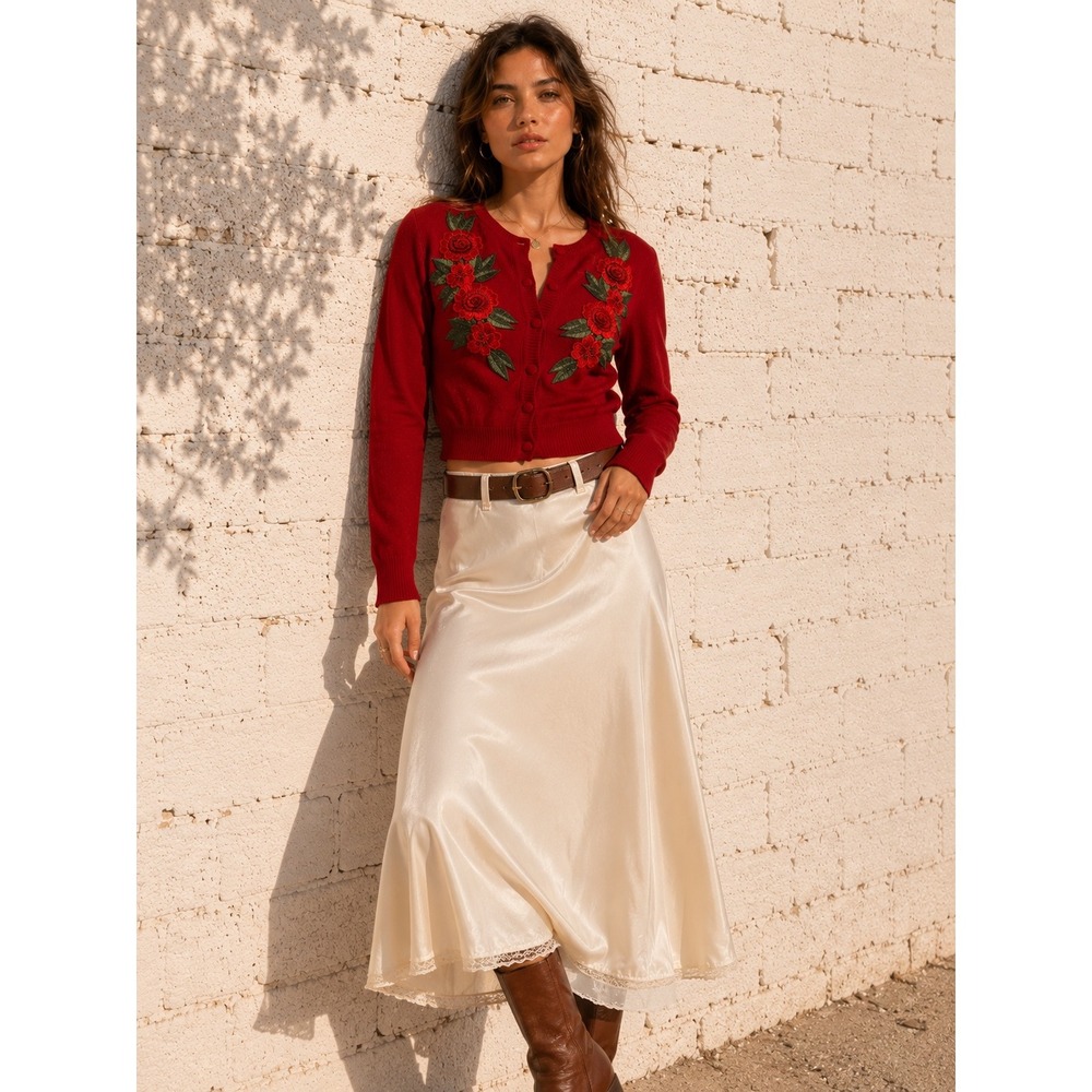 Collectif‎ Vintage Red Cotton Cardigan Floral Rose Embroidered Rockabilly Size M
